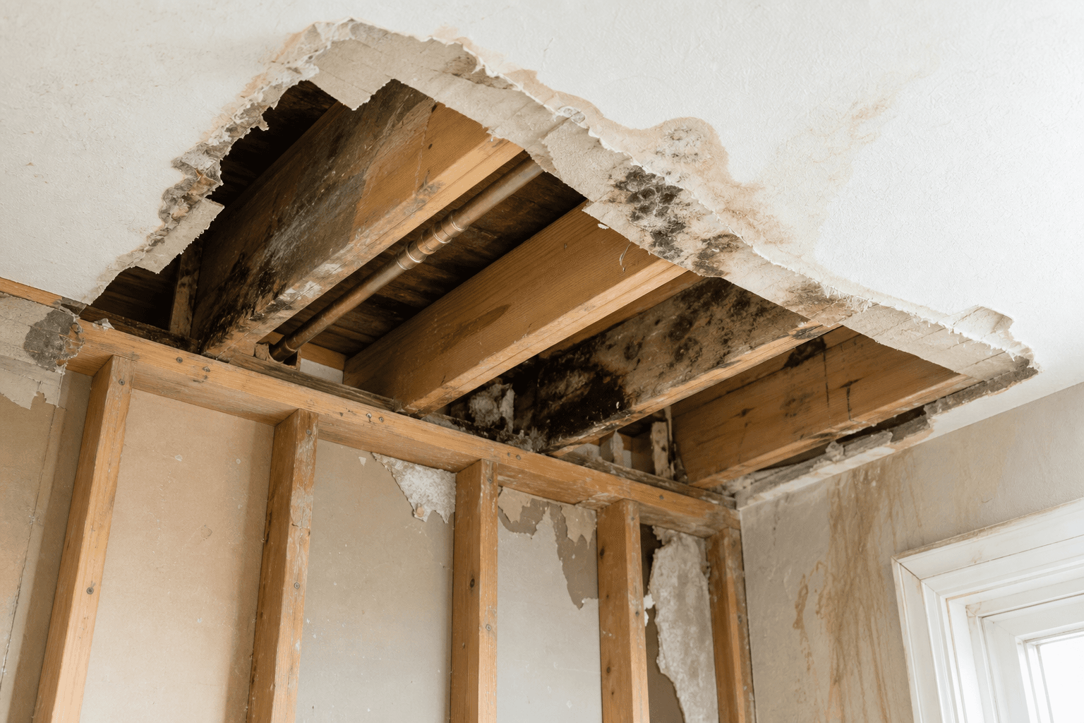 Water-damaged ceiling opened up to the framing after a leak