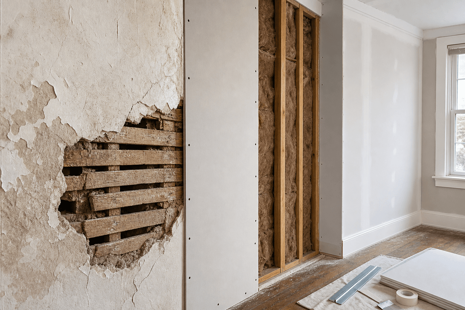 Old plaster and lath wall opened next to new sheetrock in an older home