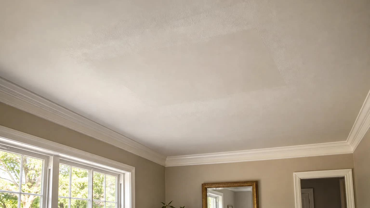 Illustration: A repaired residential ceiling with blended finish work