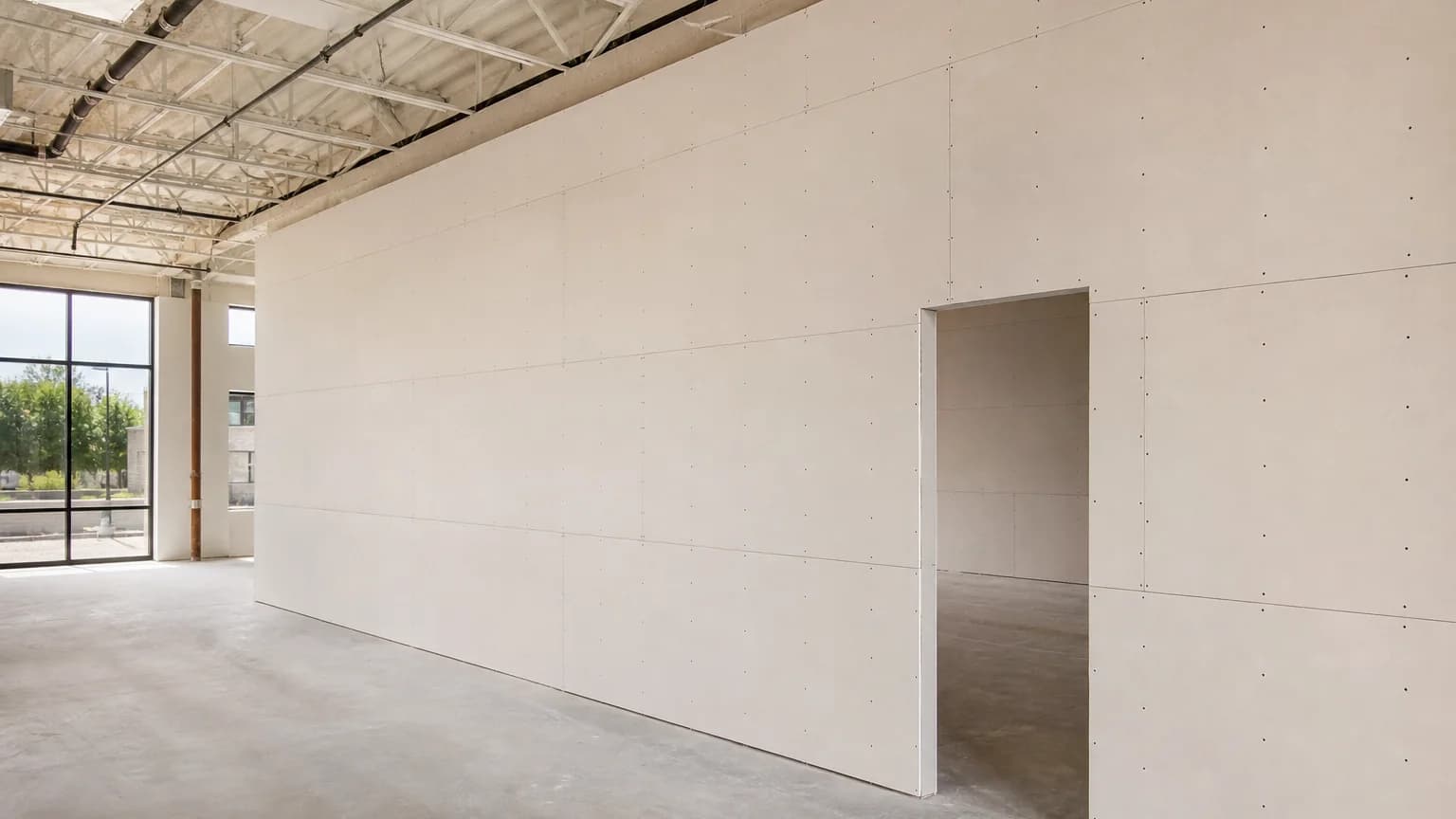 Illustration: New drywall panels installed in a commercial space