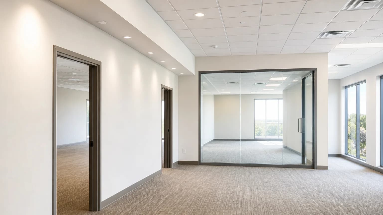 Illustration: Finished drywall partitions in a bright commercial interior