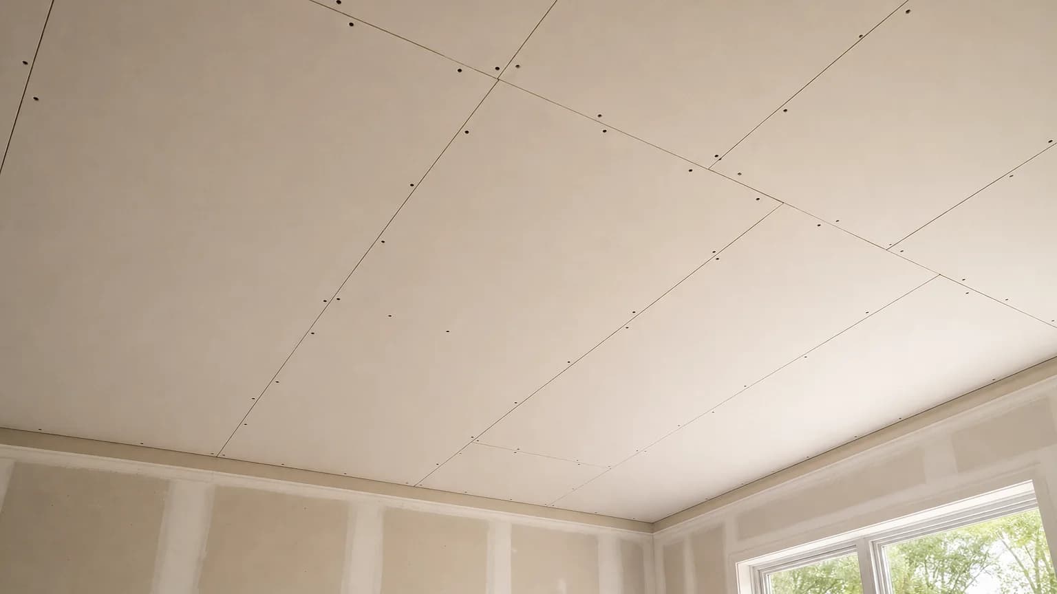 Illustration: New drywall panels installed on a residential ceiling