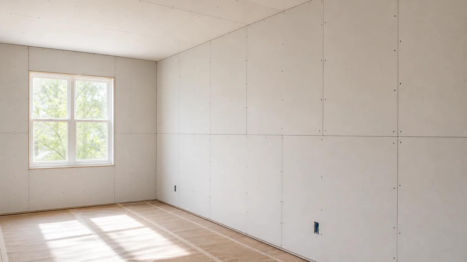 Illustration: New drywall panels installed during a home renovation
