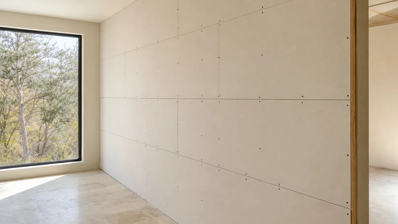 Illustration: New drywall wall panels beside a sunlit window
