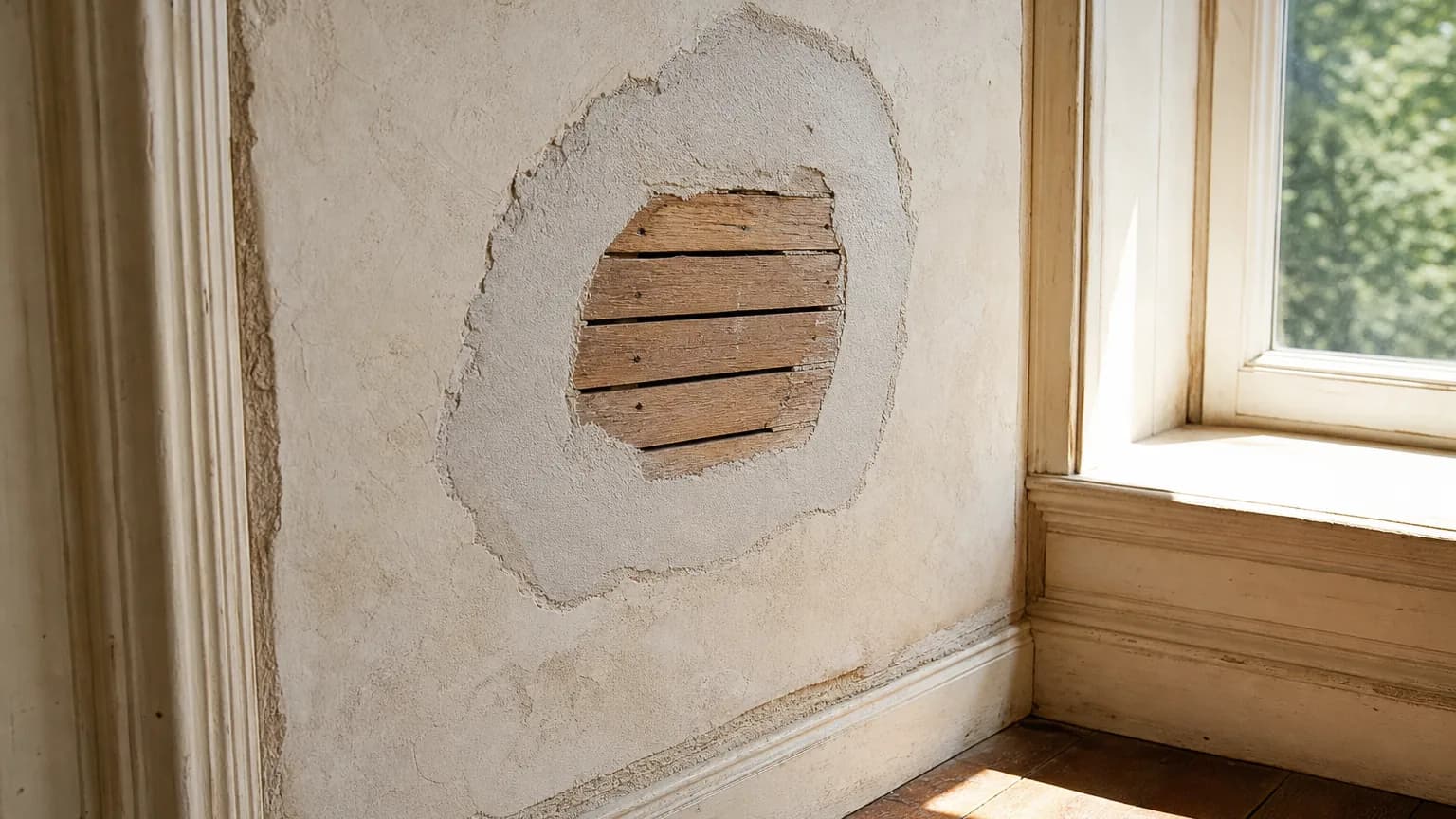 Illustration: An older plaster surface prepared for a localized repair