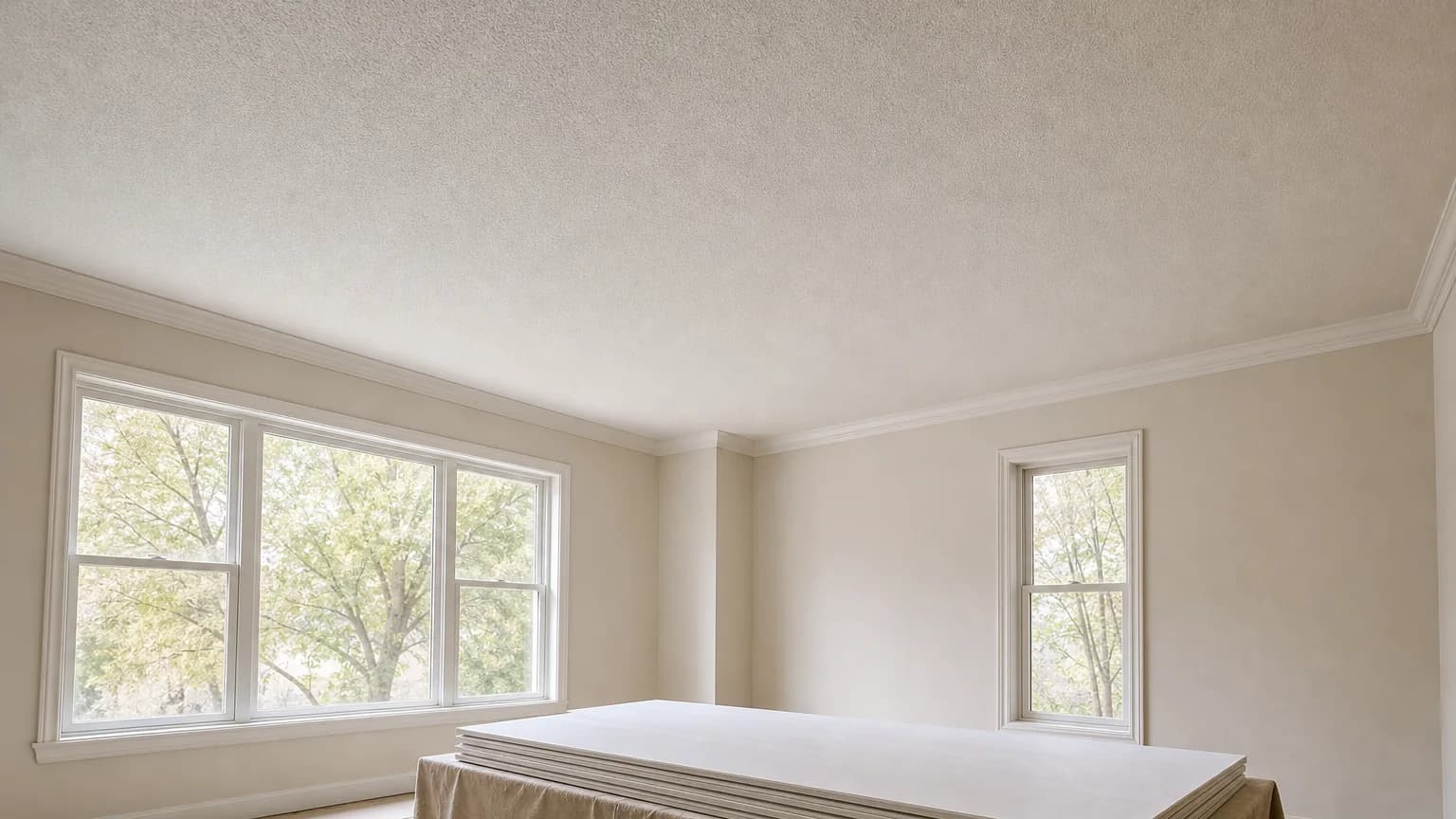Illustration: An intact textured ceiling with new drywall panels ready for a covering approach
