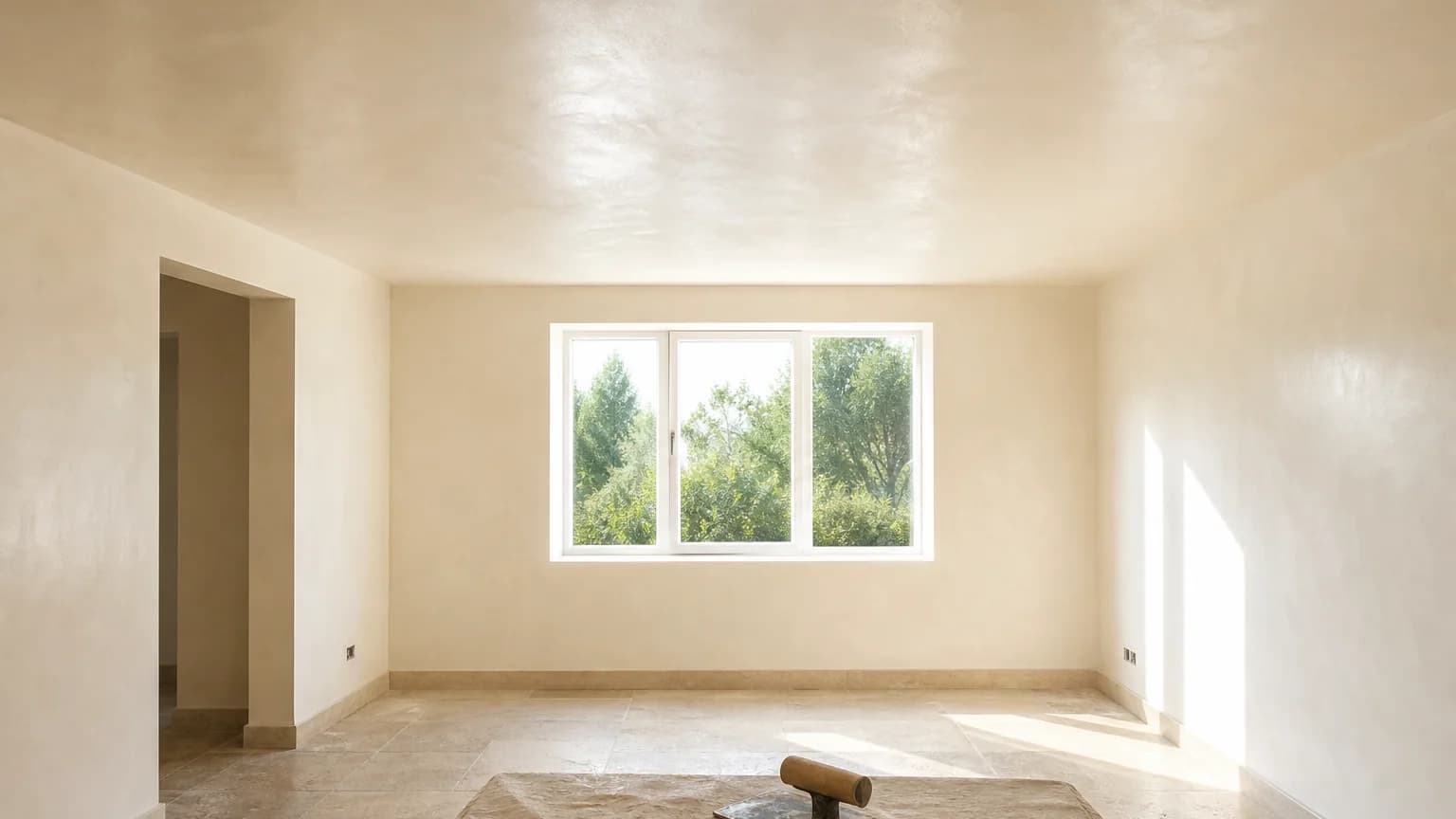 Illustration: A smooth skim-coated interior surface in natural light
