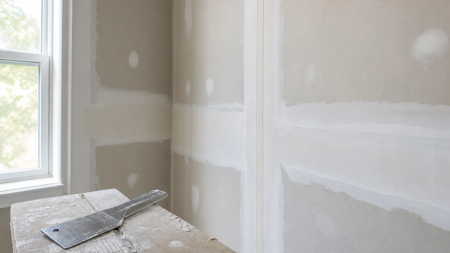Illustration: Drywall seams and corners being prepared for a smooth finish